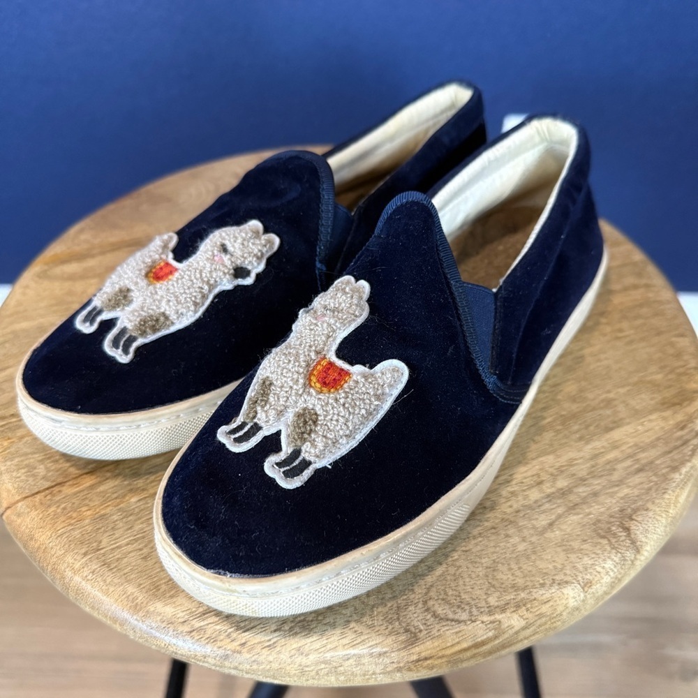 Soludos Anthropologie Navy Velvet Llama Slip-on Loafers Sneakers | Size 7.5